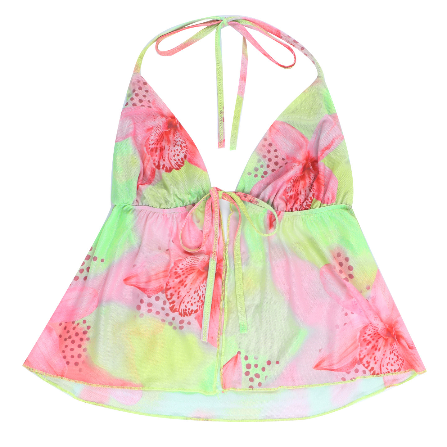 Summer Seaside Vacation Printing Color Contrast Lace up Halterneck Hollow Out Cutout Camisole Women