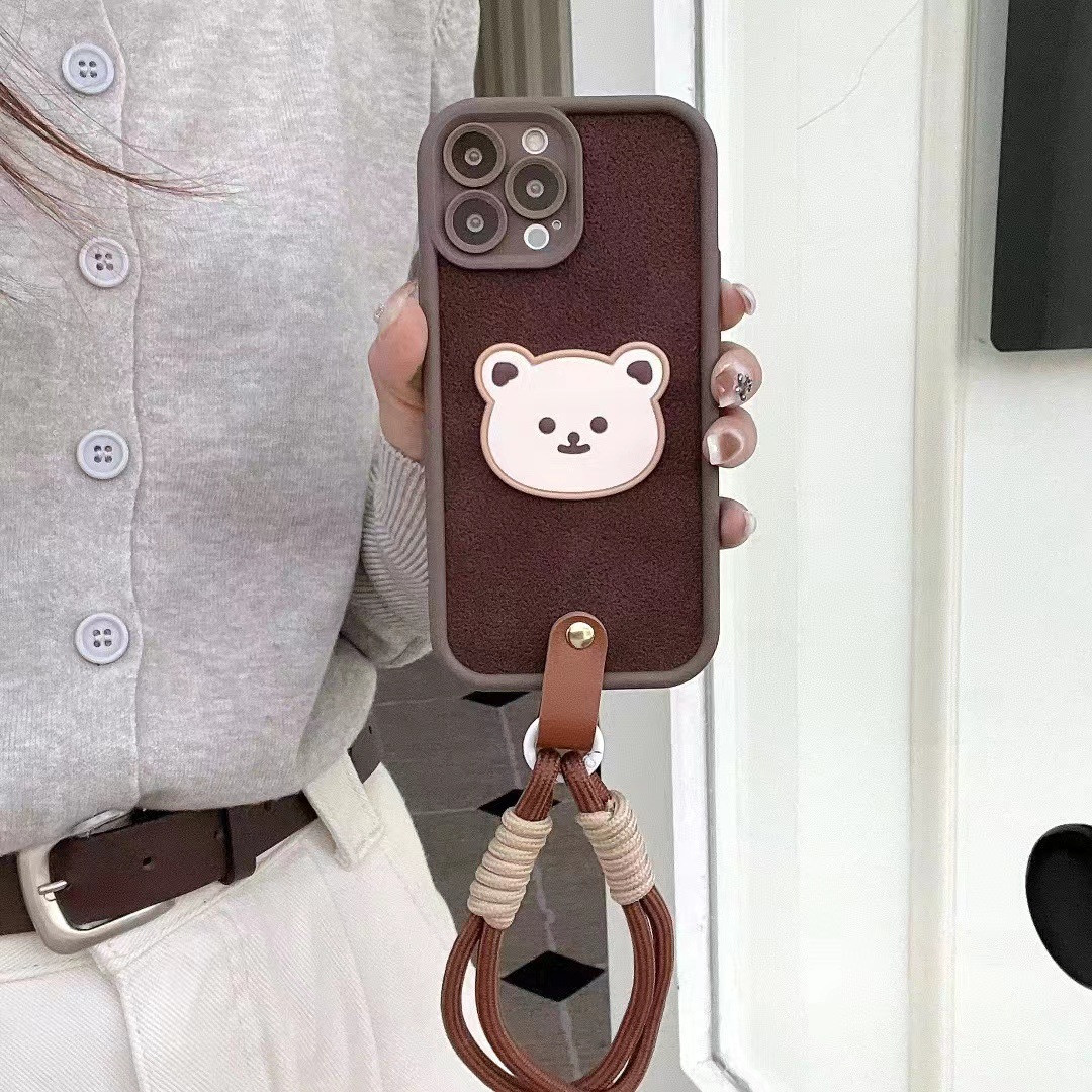 卡通小熊月坑纹适用iPhone14斜挂15ProMax苹果12手机壳13女15高级
