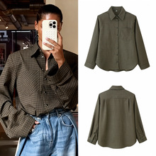 跨境外贸速卖通欧美风冬季女装新款时尚长袖翻领格子衬衫带垫肩