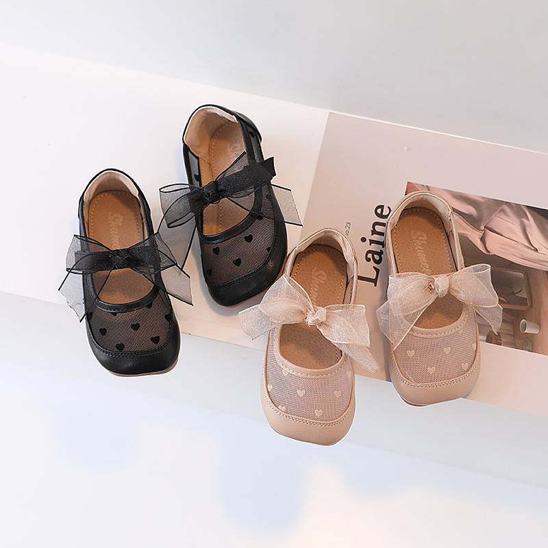 Children's Princess Shoes 2024 Summer New Girls' Mesh Bow Small Leather Shoes Baby Girl Soft Sole Sweet Half Sandals