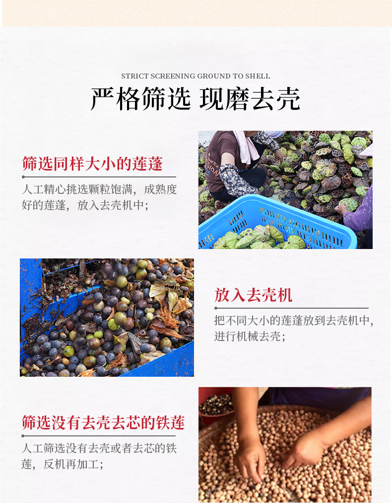 Dried White Lotus Seeds Lian Zi 500g Coreless Polished Skin Lotus Seed Kernels for Soup Congee and Desserts specifications