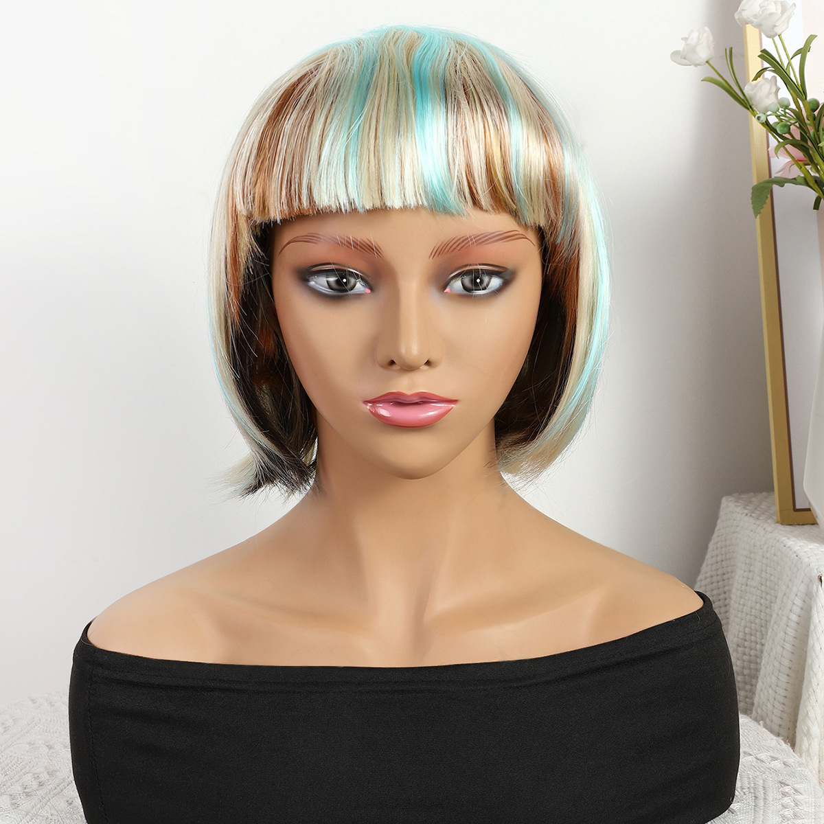 Transfronterizo nuevo color mezcla azul-dorado gradiente largo recto 12 pulgadas sin encaje pelucas europeas y brasileñas