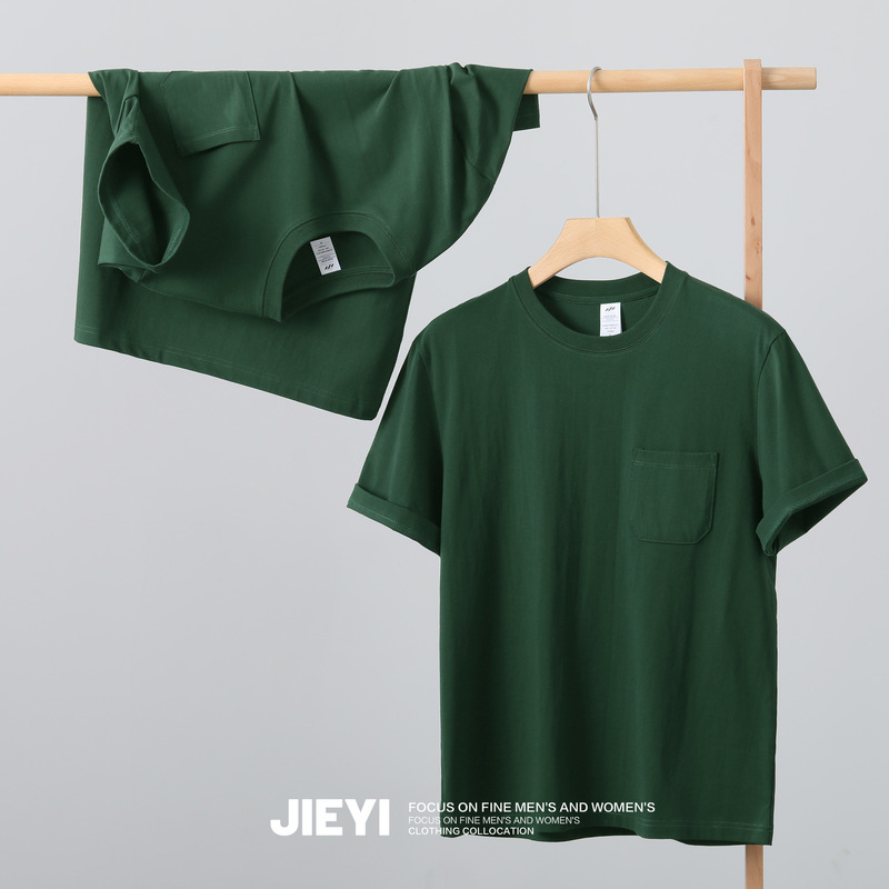 Dark Green Pure Cotton Basic T-Shirt Tops for Men 2025 New Simple Versatile Color Patch Flap Pocket Pants Short-Sleeved Shirt