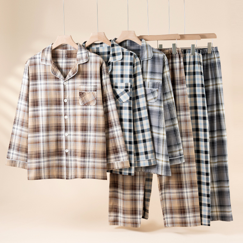 Men's Cotton Brushed Home Wear Set Long-Sleeved Pants Casual Loose and Comfortable Autumn and Winter Pajamas Lapel Japanese Style Style