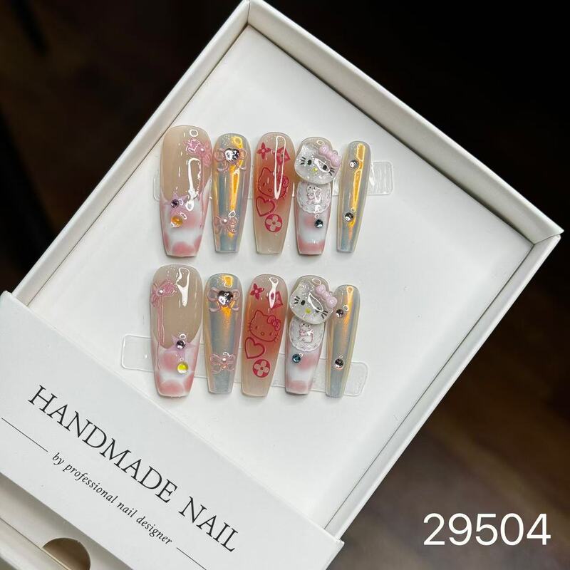 【純手作りのつけ爪29-32】ロングフレンチキャットアイパッチ付け爪、取り外し可能なネイルアートコレクション|undefined
