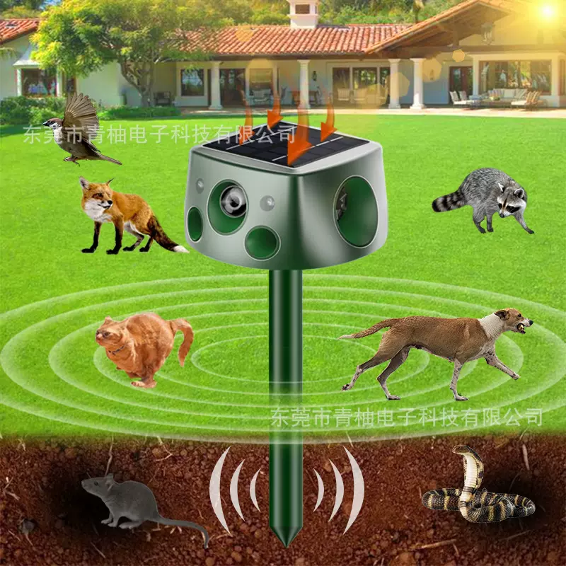 户外四面太阳能驱鼠器驱鸟器驱户外动物驱赶器超声波驱兽器360°