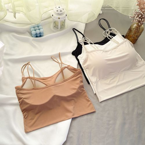 Ice Silk Seamless Beautiful Back Camisole for Women with Integrated Fixed Breast Pad and External Wear Bottoming Beautiful Back Strap Top Bra for Women