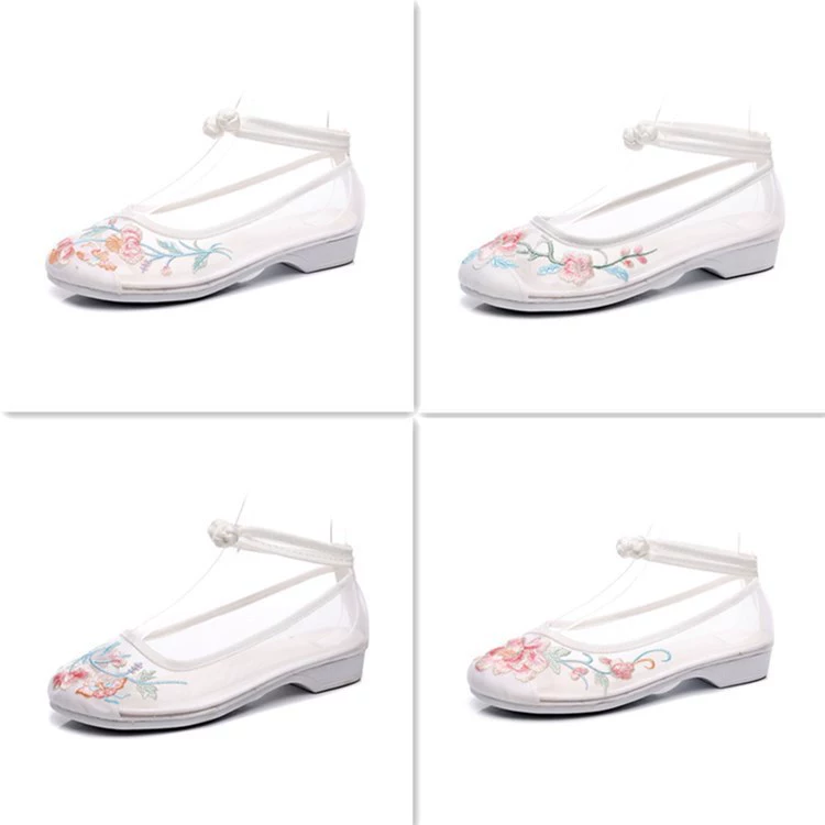 (Серия белых сетчатых туфель) Новые летние туфли с вышивкой в ​​этническом стиле, женская обувь в древнем стиле династии Хань, студенческая обувь из сетки