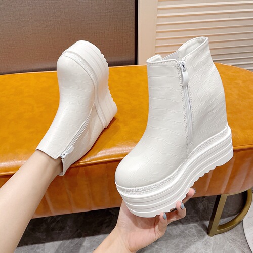 Wedge super high heel short boots 14CM autumn and winter new style small platform thick-soled Martin boots white inner height increasing women's shoes