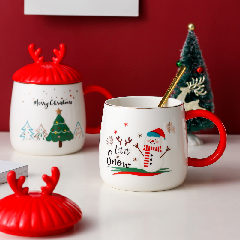 Creativo Navidad festivo regalo Taza de cerámica taza de dibujos animados nórdico pareja taza de agua taza de café con tapa cuchara