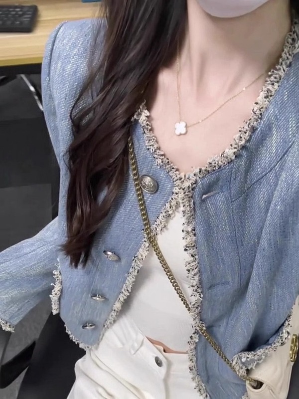 【意法】蓝色小香风花边短外套女2025秋冬新款高级感气质牛仔上衣|undefined