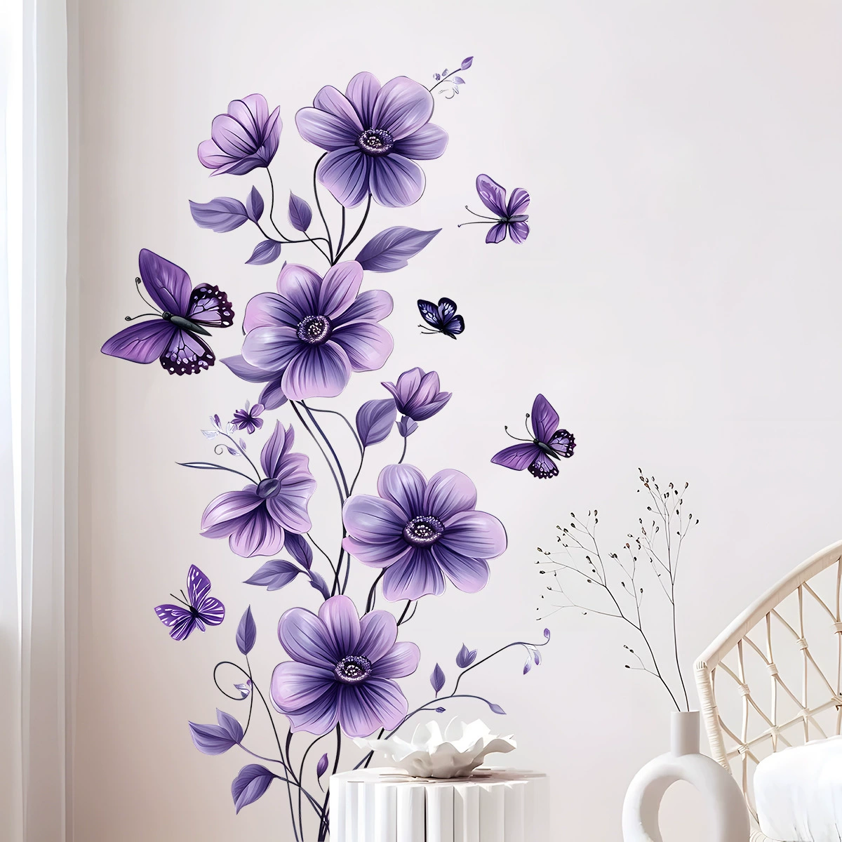 Наклейка на стену Purple Butterfly Flower, новый AD9209, спальня, гостиная, фон, съемная самоклеящаяся наклейка