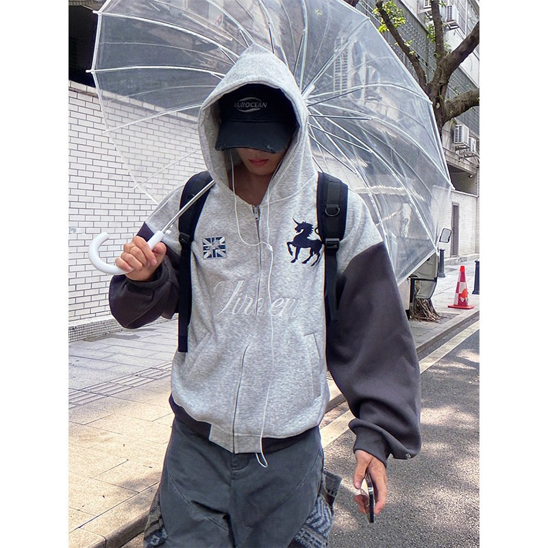 Men's Clothing Unisex Street Style Hooded Cardigan Raglan Sleeve Patchwork Embroidered Loose Casual Top Trendy Versatile Jacket Sweatshirt_viptrois.com