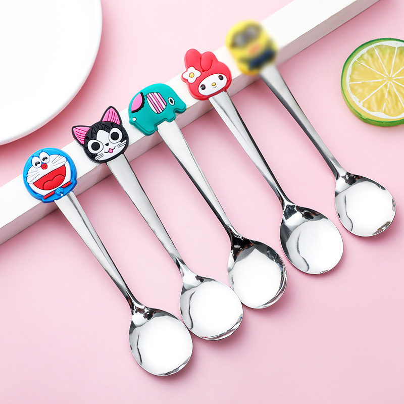 T Cartoon Stainless Steel Spoon, Cute Silicone Handle For Children, Stylish Coffee Stirring Spoon_voghion.com