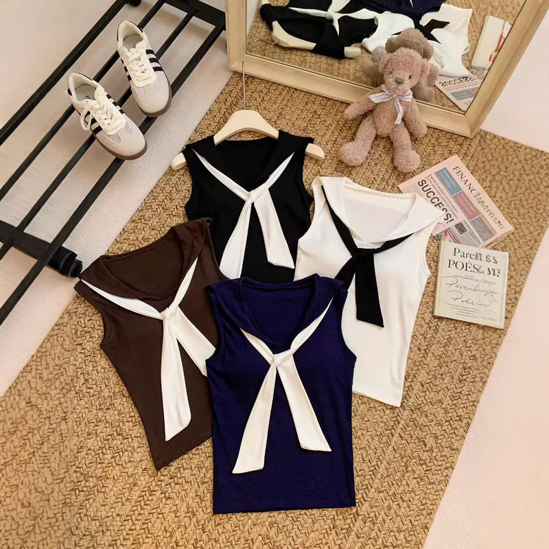 Summer Korean-Style Navy Collar Shawl Tie Contrast Color Knitted Vest Women's Slim Fit T-Shirt Top Short-Sleeved T-Shirt Summer Korean-Style Navy Collar Shawl Tie Contrast Color Knitted Vest Women's Slim Fit T-Shirt Top Short-Sleeved T-Shirt