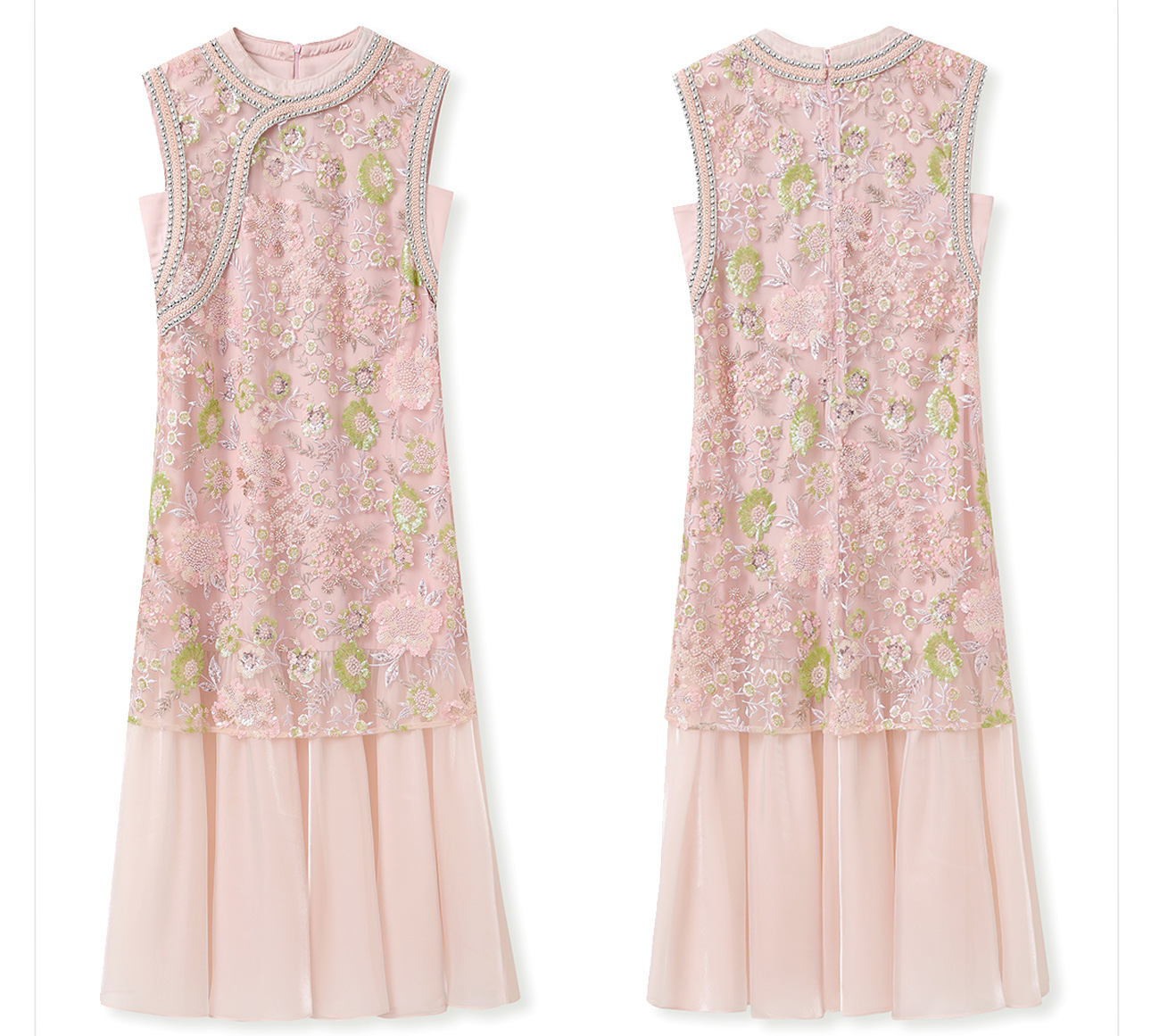 Váy sườn xám maxi thêu sequin phong cách Trung Quốc mới mùa hè N5042 — hồng, Xanh lam sông băng chi tiết 38