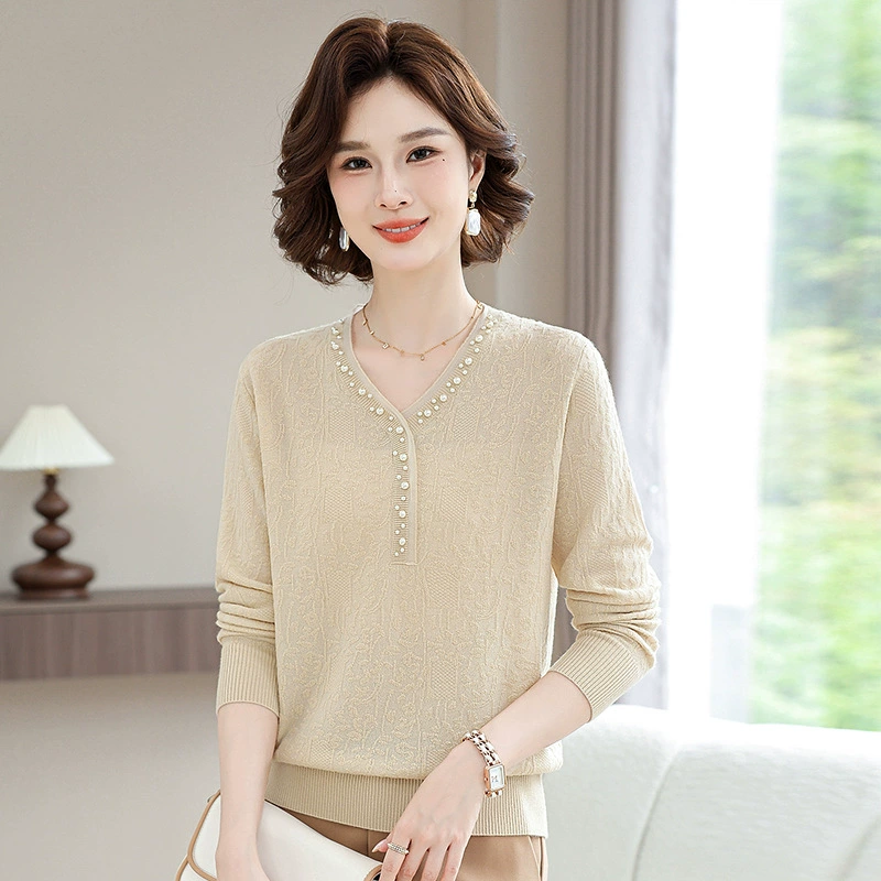Мама одет в одежду среднего возраста женская весенняя одежда 2025 новый свитер среднего и пожилого возраста весной и осенью вязаная маленькая рубашка