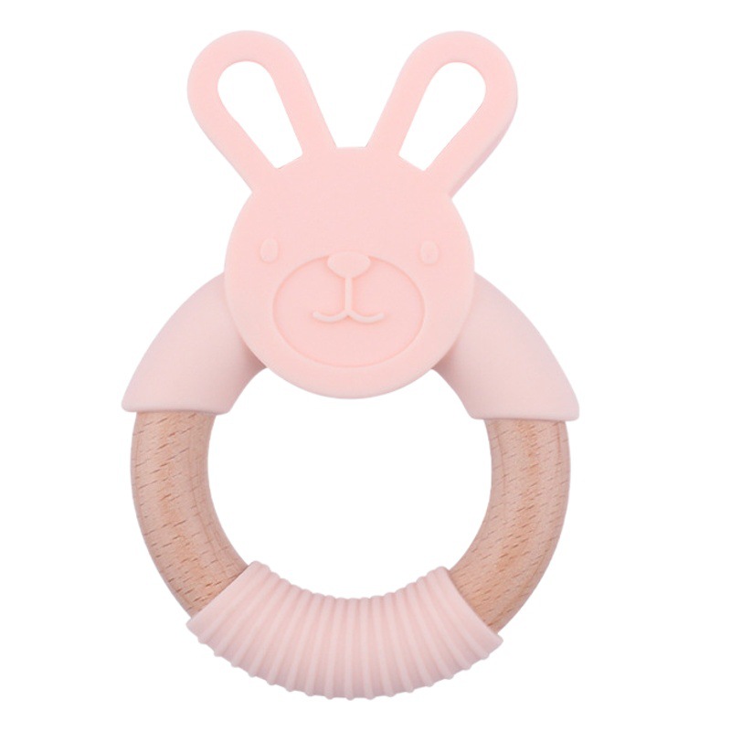 Mordedor del bebé de silicona animal anillo de madera mordedor mordedura diente Haya bebé animal de dibujos animados conejo pulsera mordedor