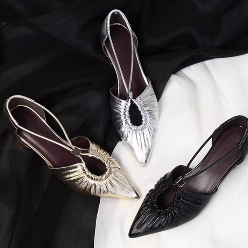 [Ready Stock] One Piece Drop Shipping Pleated Toe Sandals for Women, Cut Out Pointed Toe Thick Heel Shoes