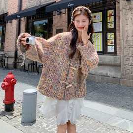 2025年春秋装新款减龄百搭舒适提升品质彩色编织牛角扣小香风外套