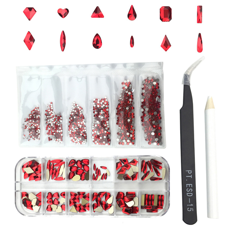 Estilo explosivo transfronterizo Juego de diamantes de uñas de 12 cuadrículas Vidrio azul real Diamante de forma especial Joyas de uñas Diamante plano Mezcla al por mayor