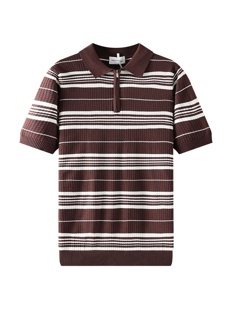 Verano hombre rayas de color contrastante hielo tejedido polo camisa de manga corta semia cremallera solapa textural ligera ropa de hombre de negocios