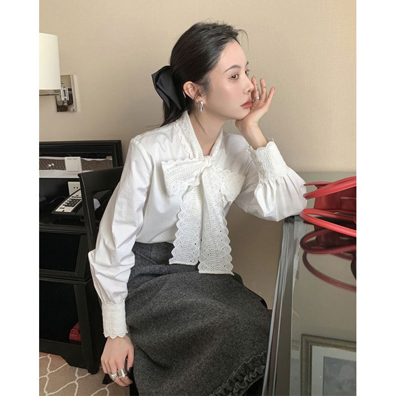 Cross-Border Spring and Autumn French-Style White Lace Bow Shirt with a Unique Design and Niche Appeal, Unique Women's Top