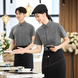 火锅咖啡店工作服衬衣奶茶印logo夏季奶茶餐饮服务员工装翻领短袖
