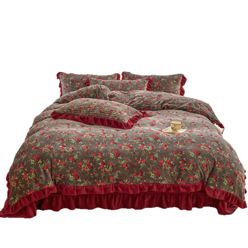 Conjunto de quatro peças em estilo nórdico francês vintage boho francês com colcha de leite e detalhes em renda, ideal para casamentos de inverno, capa de edredom em veludo coral vermelho._voghion.com