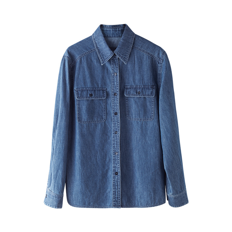 Áo sơ mi denim nữ dài tay phong cách Hàn Quốc, mặc lót hoặc mặc ngoài, tôn dáng gầy — Màu xanh lam