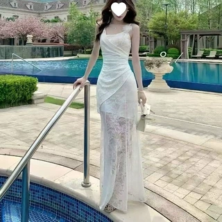 气质纯欲风不规则蕾丝吊带连衣裙女夏季收腰显瘦度假风包臀长裙子