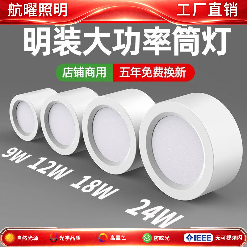 Surface-Mounted Round Led Downlight for Commercial Use, Black, 4-Inch, 5-Inch, 6-Inch, 12W, 18W, High-Power, No-Cut Installation Ceiling Light Surface-Mounted Round Led Downlight for Commercial Use, Black, 4-Inch, 5-Inch, 6-Inch, 12W, 18W, High-Power, No-Cut Installation Ceiling Light