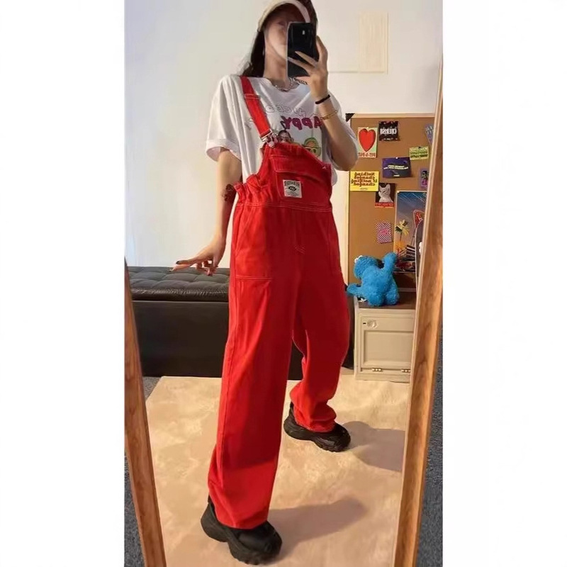 American Retro Niche Red Design Denim Overalls for Women, Autumn New Loose Slimming Jumpsuit Trendy