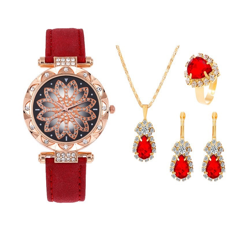 Luxurious Set of Fashionable and Versatile Large Rhinestone Belt Women's Four-Piece Gift Quartz Wrist Watch Without Gift Box