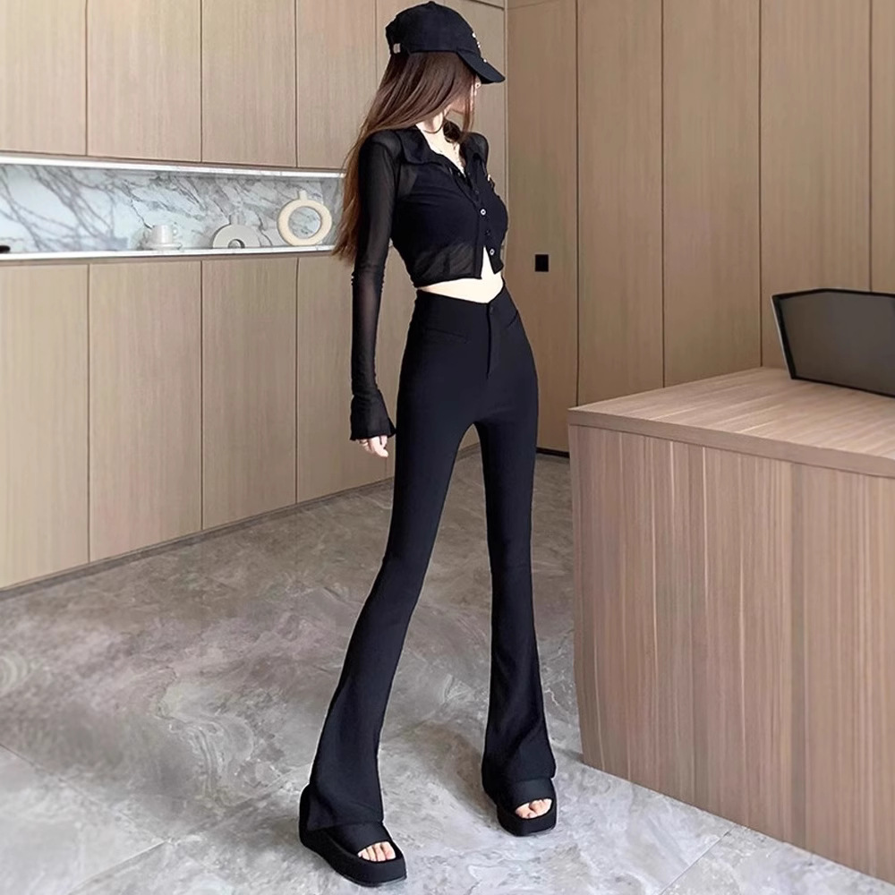 Pantalones de boquilla negras de cintura alta de mujer delgada delgada trajes de pluma micro-Lamar Pantalones de boquilla 2025 nuevo ocio de primavera y otoño