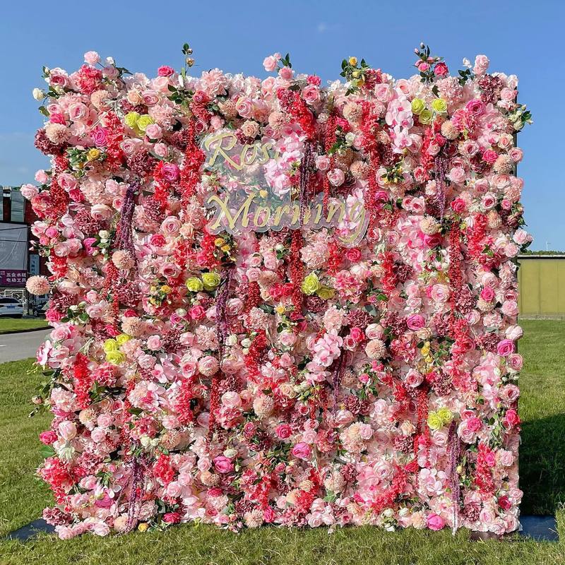 跨境粉色3D布底仿真花墙背景墙 外贸户外婚庆婚礼布置装饰背景墙|undefined