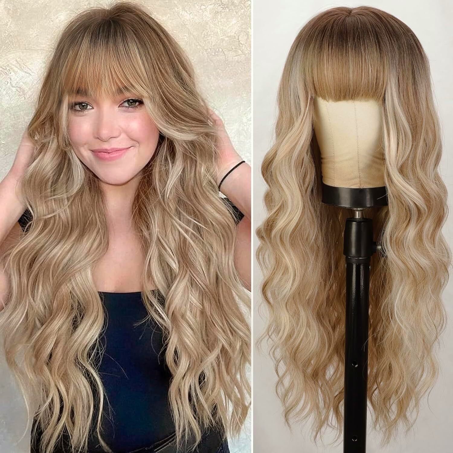Synthetic Long Wavy Wig With Bangs Gradient Big Wave Hairpiece_voghion.com