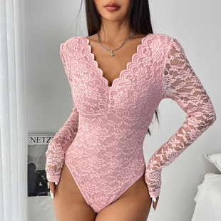 Cross-border foreign trade Amazon hot selling sexy solid color lace long sleeve hot girl perspective slim jumpsuit 10717