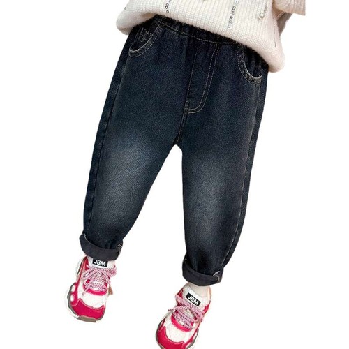 Children's Autumn/Winter Fleece Soft Denim Baby Outerwear One-piece Fleece Thick Girls' Winter Pants Warm High-waisted