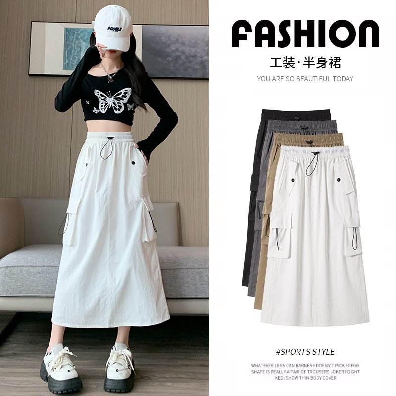 White American retro overalls skirt women's spring and autumn small slit mid-length A- line skirt drawstring dress
