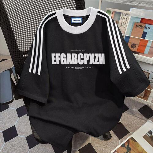 Special American Retro Three-Bar Short-Sleeve T-Shirt for Men and Women, Trendy Brand Letter Print Loose Half-Shirt