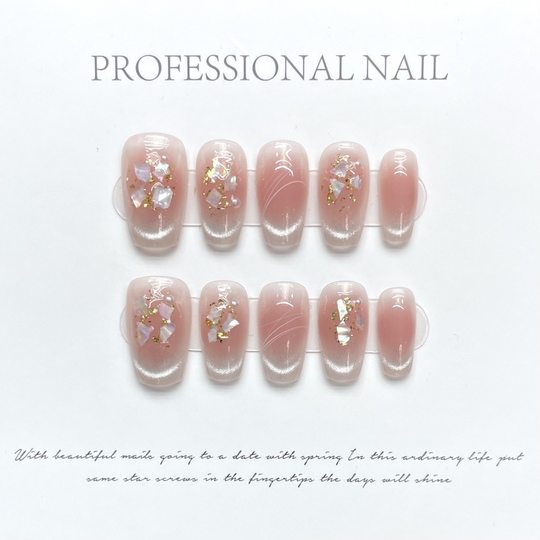 Ice skin jade cat eye shell gold foil Pearl blush nail handmade patch nail detachable wear nail fake nail