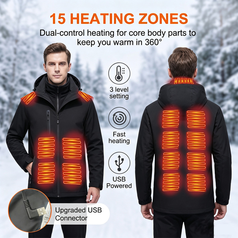 Cross-border intelligent thermostatic heating jacket, outdoor 15-zone heating hooded cotton coat, windproof and warm three-in-one jacket Cross-border intelligent thermostatic heating jacket, outdoor 15-zone heating hooded cotton coat, windproof and warm three-in-one jacket