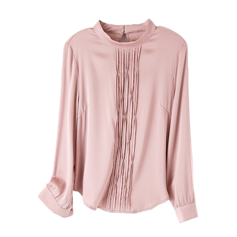 Spring solid color fashionable elegant silk shirt with a round…