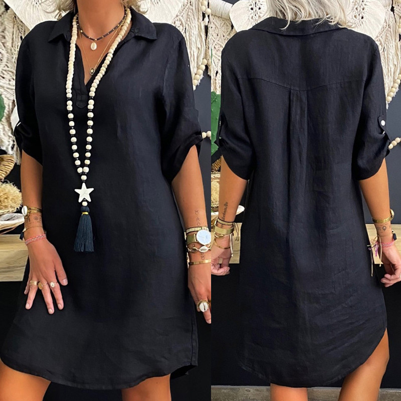 2025 Summer New Nordic Style Rayon Short-Sleeve Shirt Dress 1062 Large Stock Available