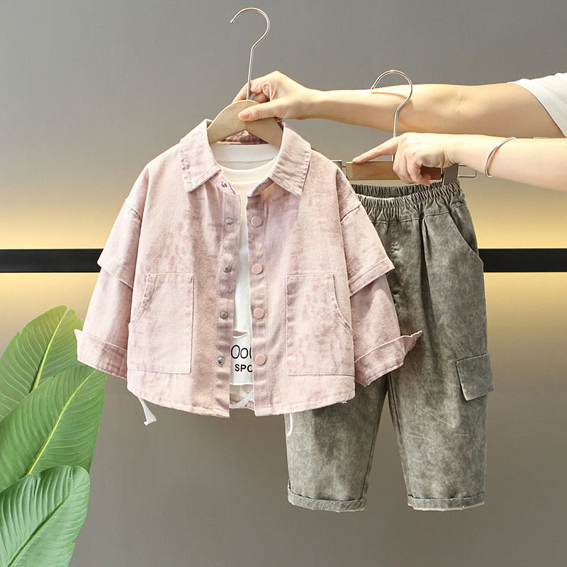 7060 traje de primavera y otoño para niños 2025 nuevo estilo teñido anudado para niños abrigo guapo traje de tres piezas versión coreana de moda para bebés