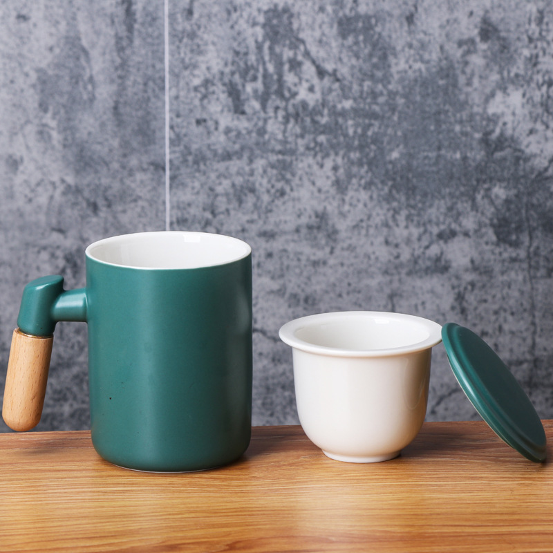 Nordic Style High-end Wooden Handle Ceramic Mug Mug With Tea Leak Three-piece Coffee Cup Creative Water Cup Logo