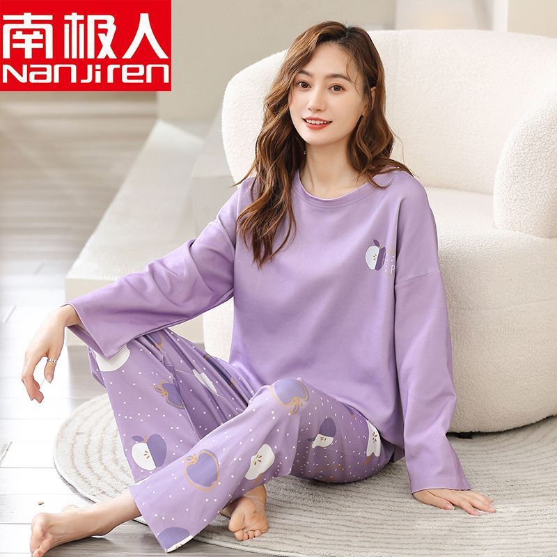 100% pijamas de algodón mujeres primavera y otoño suelta delgada camisa de manga larga pantalones en la madre de mediana edad y ancianos usando ropa de casa