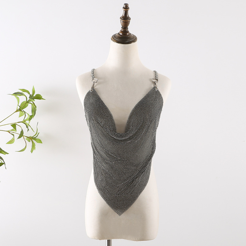 European and American Sexy Backless Pointed Top Metal Rhinestone Chain Vest Cocktail Disco Music Festival Party Daughter Style