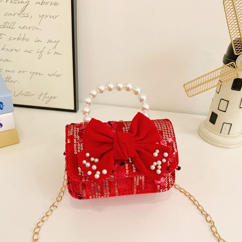 2025 rojo festivo bolso de Año Nuevo para niños estilo occidental perla bolso de niña hilo bordado bowknot bandolera para niños